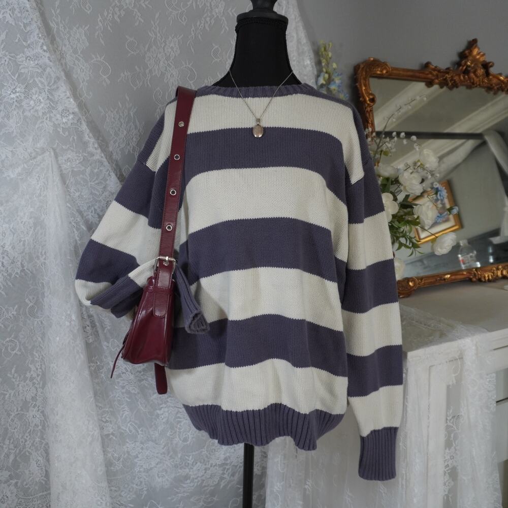 John Galt - Brandy Melville Gray and White Striped Slouchy Sweater - 90s Grunge